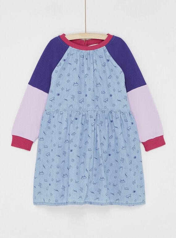 Abito bimateriale blu in denim e tessuto felpato 