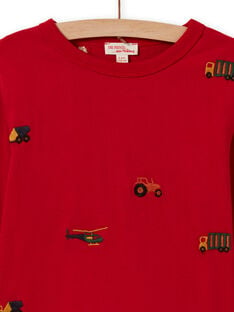 T-shirt a maniche lunghe rossa con stampa auto, trattori e elicotteri bambino MOCOTEE2 / 21W902L4TMLF521