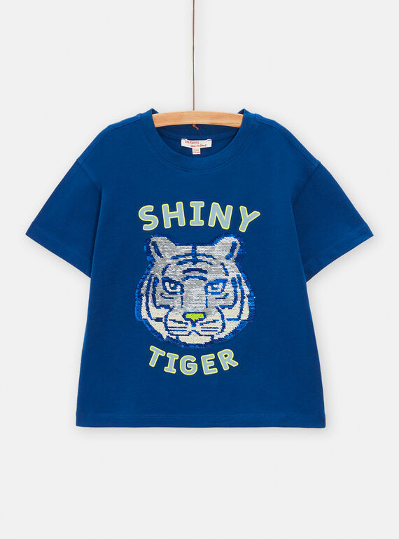 T-shirt bambino navy con stampa testa di tigre con paillettes double face TODETI / 24S902J2TMC070