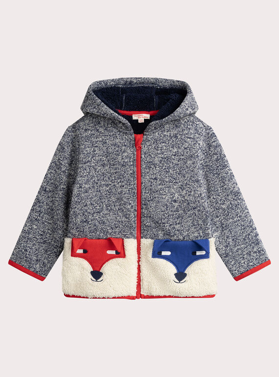 Felpa con zip blu chiné con tasche volpe per ragazzo  VOROGIL / 24W902P1GIL705