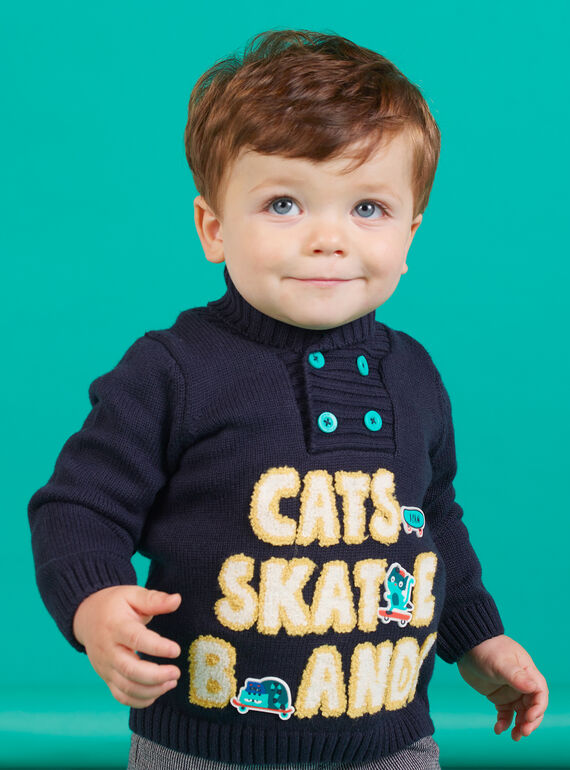 Maglia blu collo alto con ricami fantasia neonato MUTUPUL / 21WG10K1PULC234