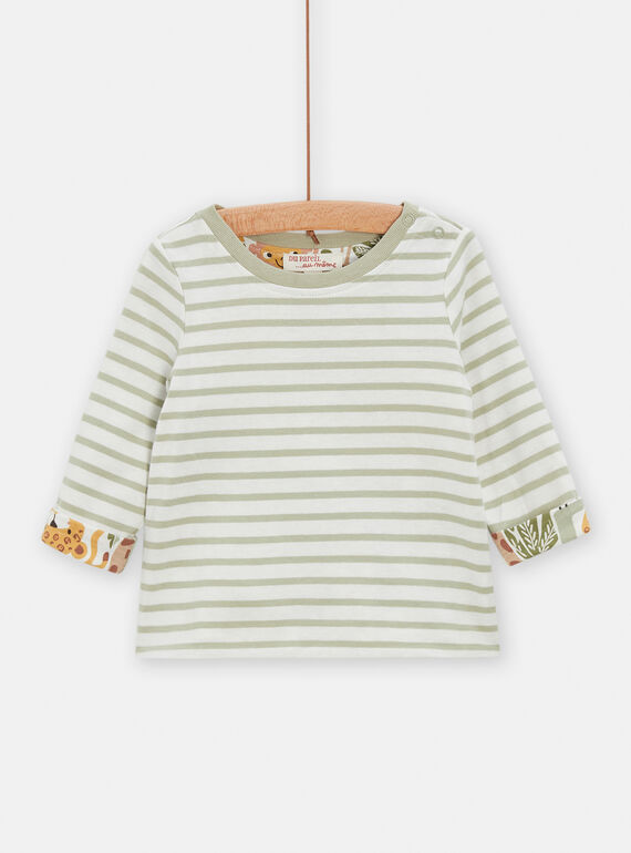 T-shirt double face ecrù e verde con stampa a righe e savana neonato TUCRITEE3 / 24SG10L1TML001