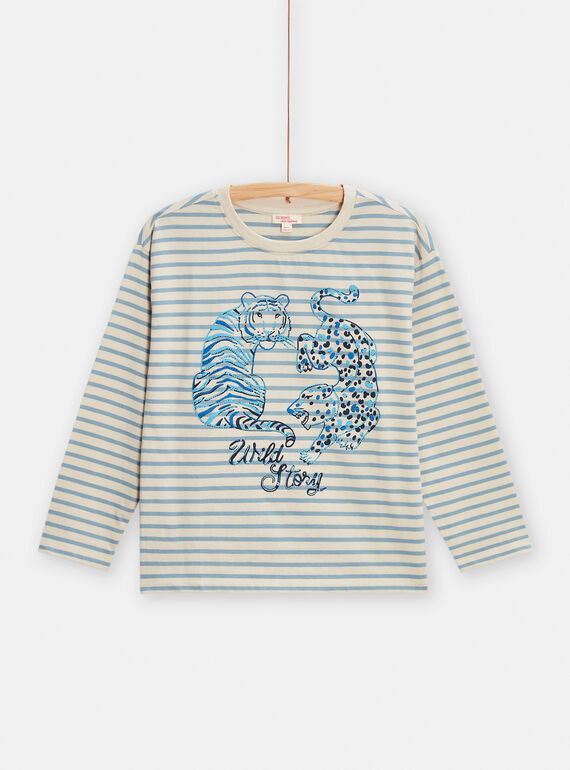 T-shirt blu con stampa a righe bambino TODETEE1 / 24S902J1TMLC206