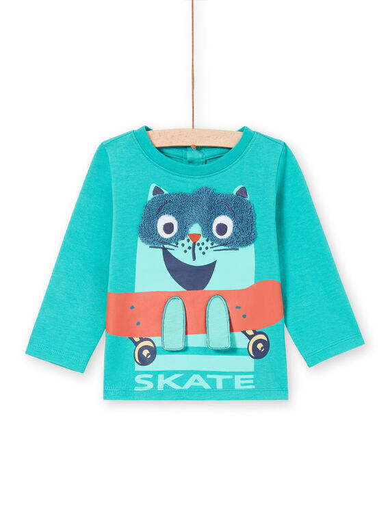 T-shirt maniche lunghe turchese con motivo gatto su uno skate bambino MUTUTEE1 / 21WG10K2TMLC217