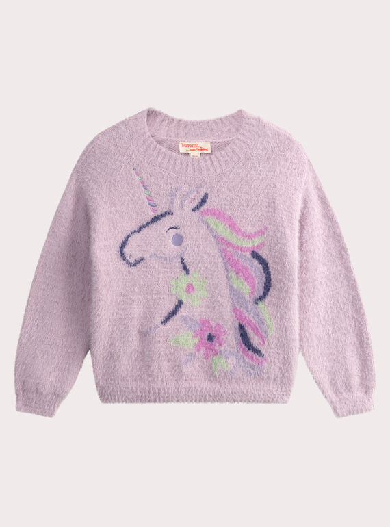 Maglione in maglia a piume con figura di unicorno per bambina 