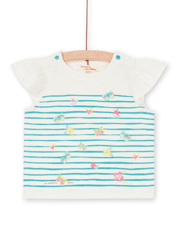 T-shirt bianca e blu a righe neonata LIVERTI2 / 21SG09Q1TMC001