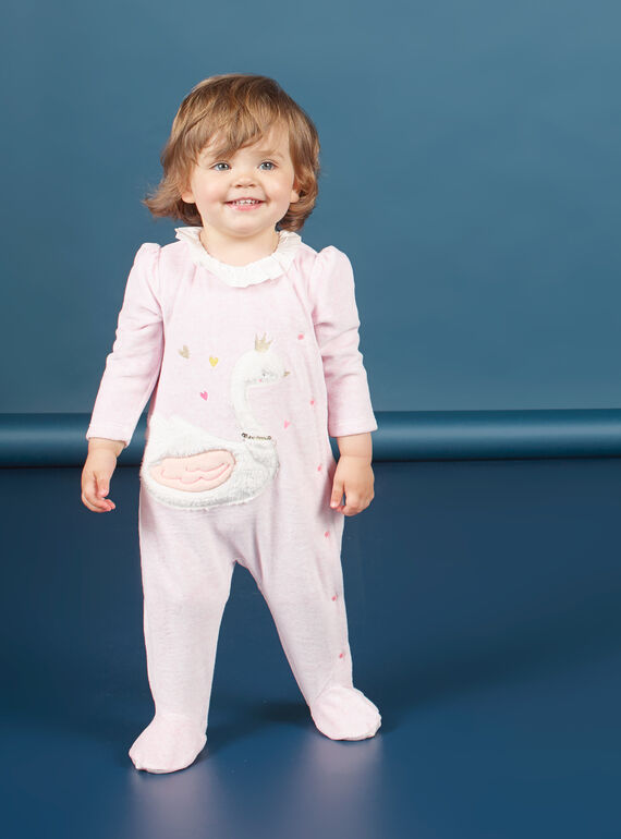 Tutina in velluto rosa melange con motivo cigno neonata MEFIGRESWA / 21WH1385GRED314