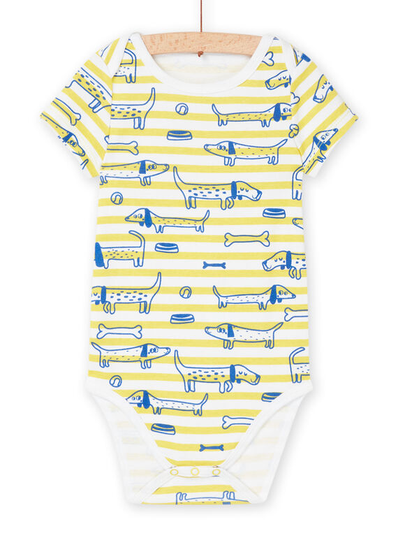 Body bianco e giallo in cotone bio con stampa a righe e cani REGABODCHI / 23SH141ABDL000