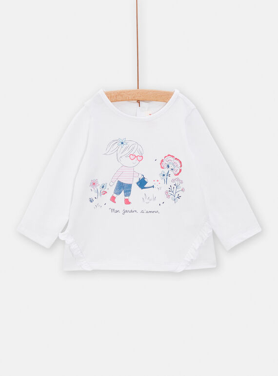 T-shirt neonata bianca con motivo bambina in giardino TIDETEE2 / 24SG09J1TML000
