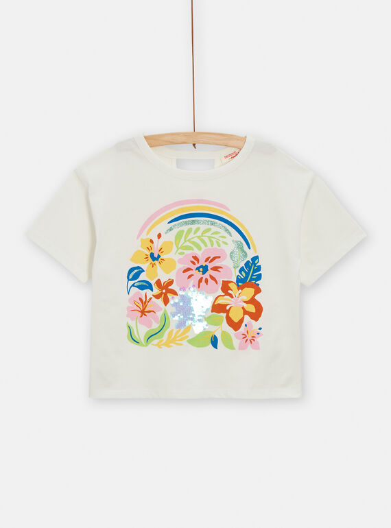 T-shirt ecrù con motivo fiore in paillettes magiche bambina TARYTI1 / 24S901U2TMC001