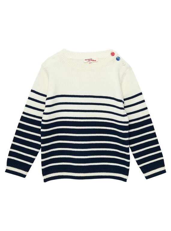 Maglia in cotone bambino a righe e jacquard navy ed ecrù JOJOPUL2 / 20S90243D2E003