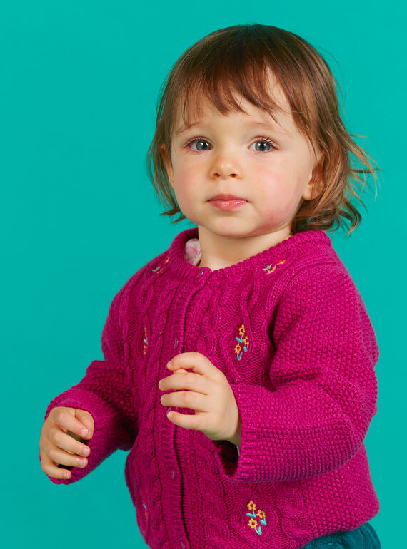 Cardigan in maglia rosa scura ricamato neonata MITUCAR1 / 21WG09K1CARD312