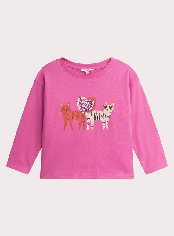 T-shirt rosa animazione gatti con paillettes per ragazza  VAROTEE2 / 24W901P2TMLD330