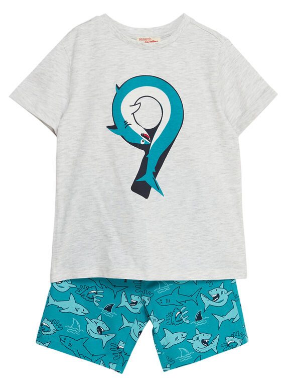 Completo da spiaggia bambino t-shirt grigio melange e bermuda con stampa turchese squalo JOPLAENS1 / 20S902X2ENSJ906