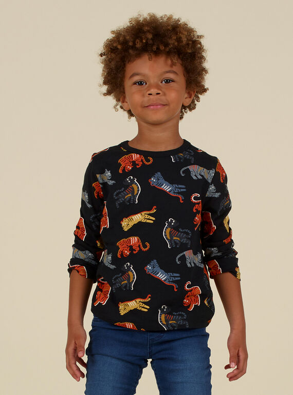 T-shirt nera maniche lunghe stampa tigri bambino MOHITEE3 / 21W902U2TMLJ915
