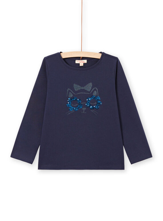 T-shirt maniche lunghe blu notte motivo gatto bambina MAJOYTEE1 / 21W90113TMLC205