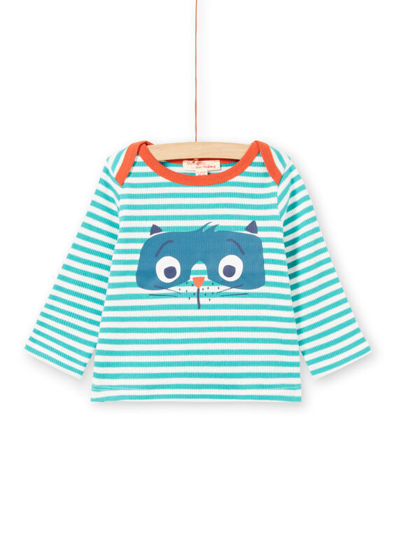 T-shirt maniche lunghe a righe turchesi e bianche motivo procione neonato MUJOTEE2 / 21WG1023TMLC217