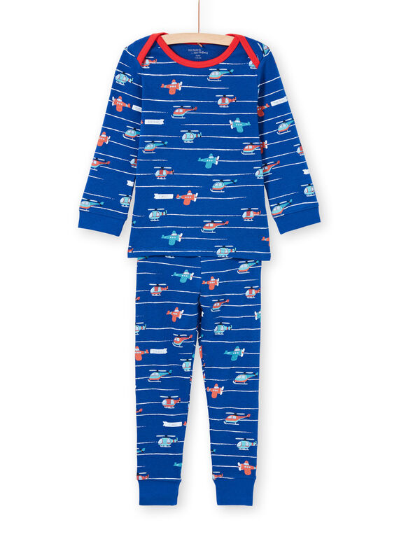 Set pigiama t-shirt e pantaloni blu e rosso stampa a righe ed elicotteri bambino MEGOPYJAVIO / 21WH1285PYJC214