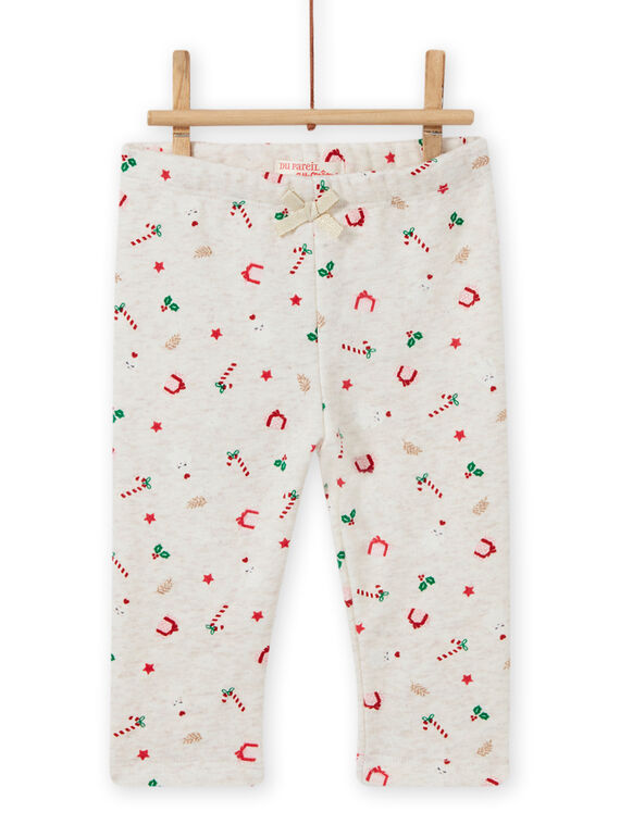 Pantaloni beige melange foderati in pile con stampa Natale neonata MINOPAN / 21WG09Q1PANA011