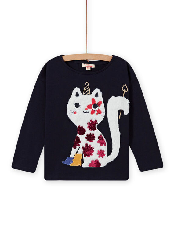 T-shirt blu notte con motivo gatto-unicorno bambina MAMIXTEE3 / 21W901J2TMLC205