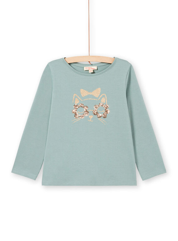 T-shirt turchese maniche lunghe con motivo gatto glitterato bambina MAJOYTEE4 / 21W9012CTML612
