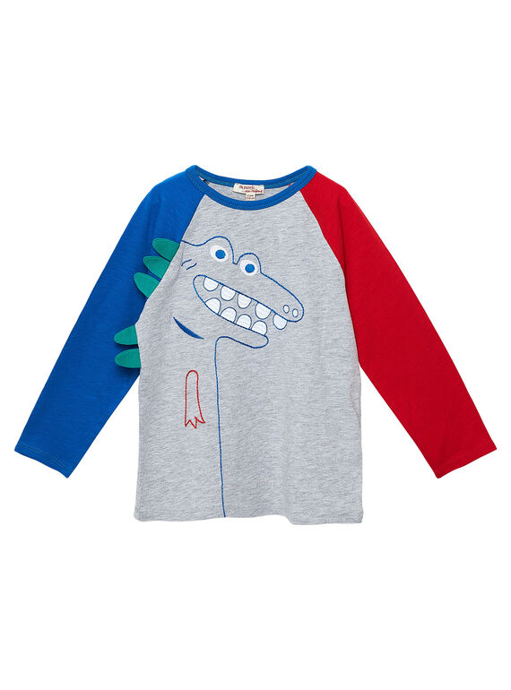T-shirt maniche lunghe bambino colorblock raglan con dinosauro ricamato JOGRATEE2 / 20S902E1TMLJ920
