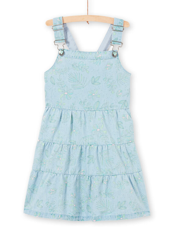 Abito salopette in jeans azzurro stampa foglie bambina LAVEROB4 / 21S901Q3ROBP272