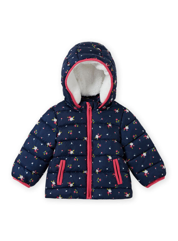Piumino con cappuccio navy con stampa a fiori neonata MIKADOU / 21WG0952D3E070