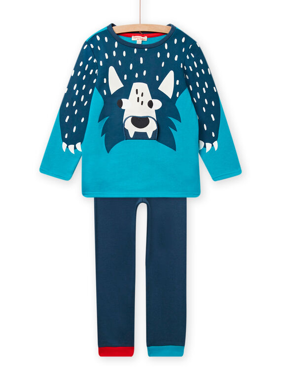 Completo pigiama T-shirt e pantaloni blu motivo lupo con dettagli fosforescenti bambino NEGOPYJLOU / 22SH12E1PYJ209