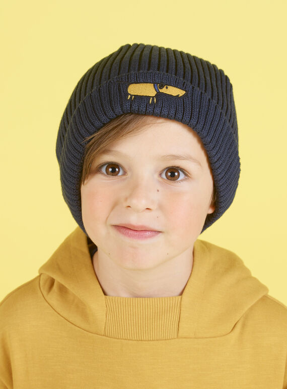 Berretto in maglia blu notte con ricamo cane bambino MYOGROBON1 / 21WI0255BON705