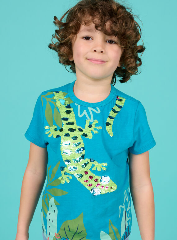 T-shirt blu zaffiro e verde con paillettes double face bambino 22S902T3TMCC211