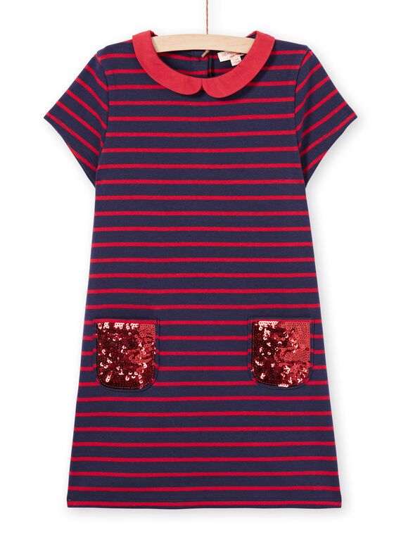 Abito milano a righe con maniche corte rosse e blu notte bambina MAJOROB2 / 21W90126ROBC205