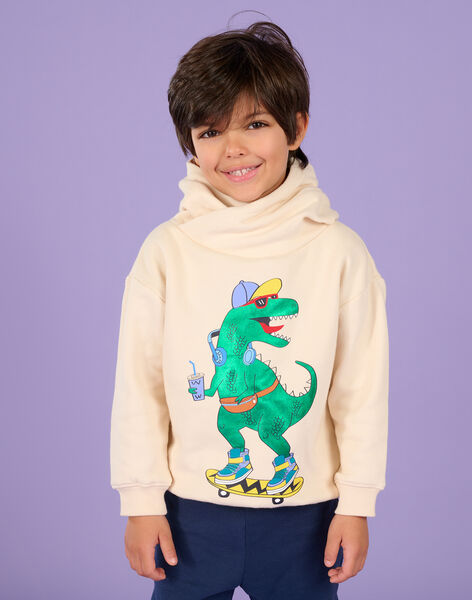 Felpa con cappuccio bianco crema con motivo dinosauro ROPURSWE2 / 23S902L1SWEA002