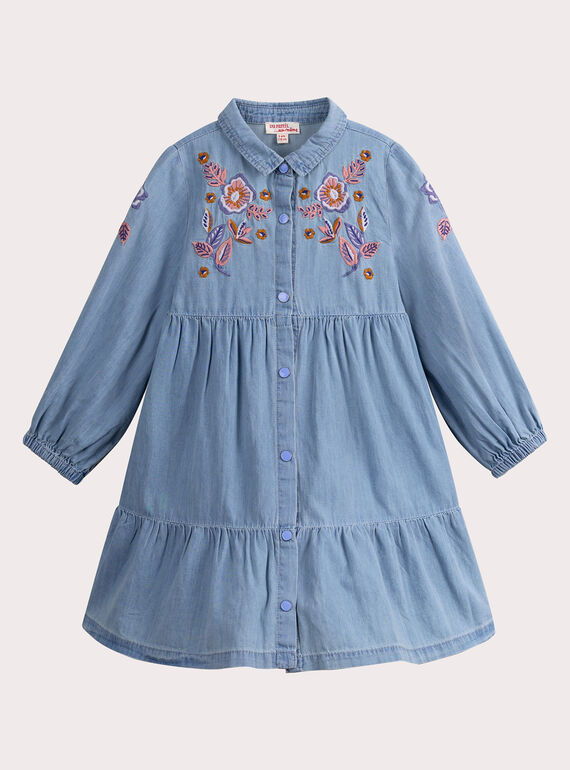 Abito effetto denim con ricami floreali per bambina VADAROB3 / 24W90123ROBP272