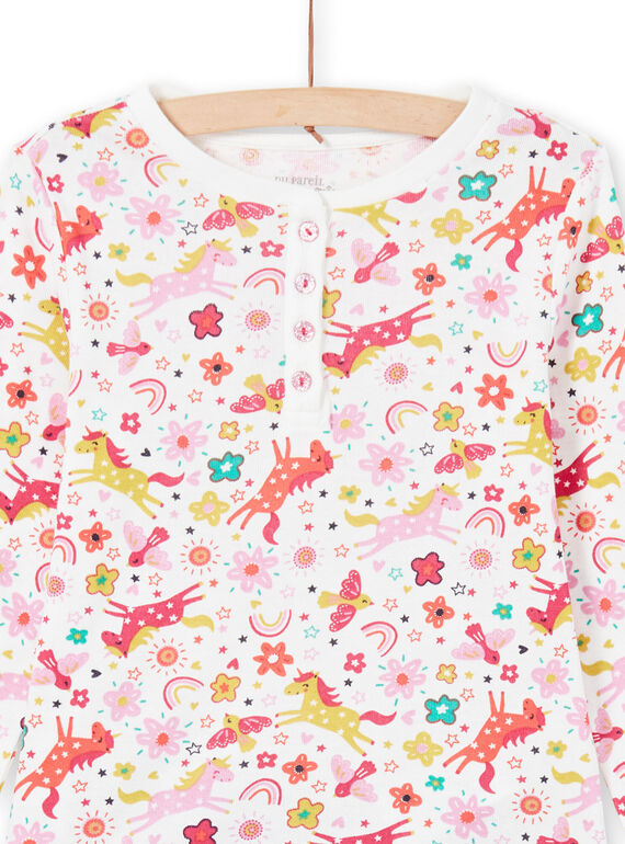 Set pigiama t-shirt e pantaloni rosa ed ecrù stampa unicorni e fantasia bambina MEFAPYJUNI / 21WH1186PYJ001