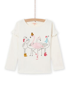 T-shirt ecrù con maniche motivi fenicotteri rosa bambina MAHITEE1 / 21W901U2TML003