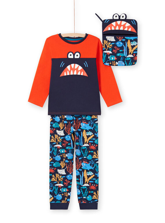 Set pigiama t-shirt e pantaloni arancione e blu scuro bambino MEGOPYJMAN4 / 21WH1274PYGE414
