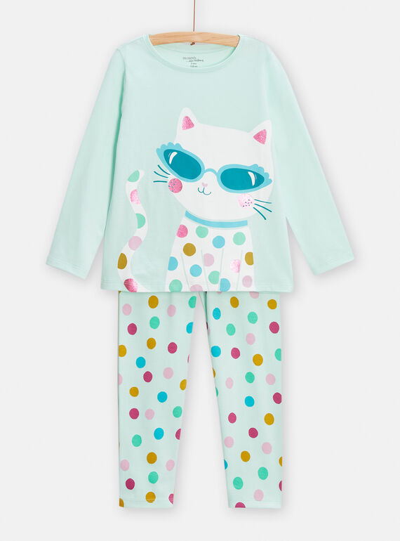 Pigiama da bambina con gatto animato blu TEFAPYJDOT / 24SH1143PYJ219