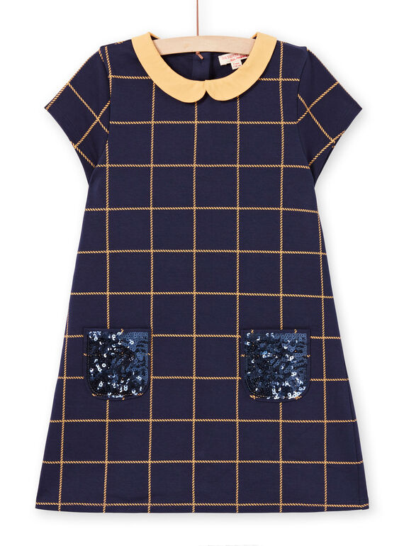 Abito a maniche corte blu notte a quadri gialli bambina MAJOROB1 / 21W90122ROBC205