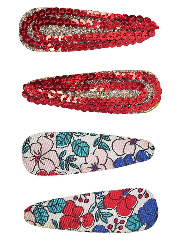 Set 4 clip (2 con motivi fiori + 2 con piccole paillettes rosse + glitter dorati) JYAJACLIC1 / 20SI01B2BRT955