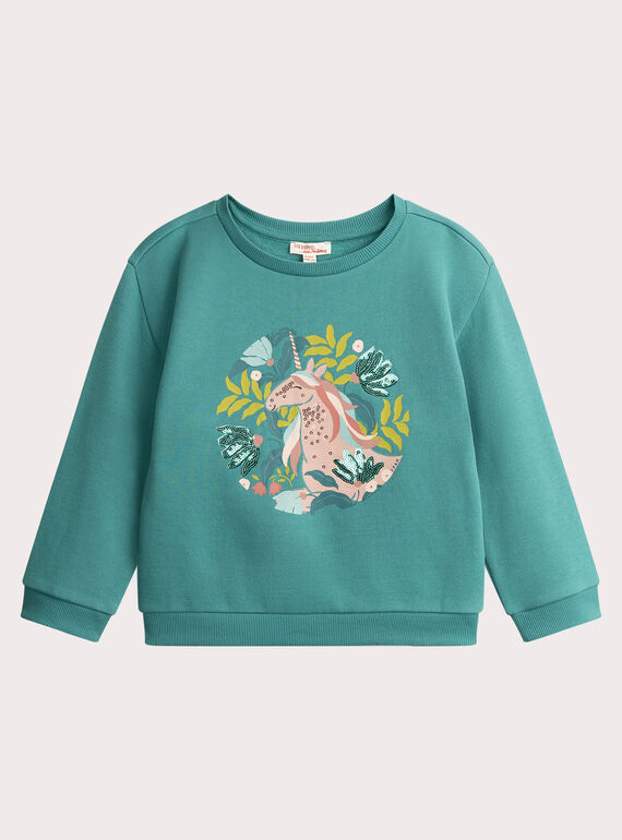 Felpa blu verde animazione unicorno con paillettes per ragazza  VAKLISWEA / 24W90141SWE215
