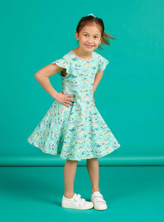 Abito verde acqua stampa a fiori bambina LAVEROB2 / 21S901Q4ROBG621