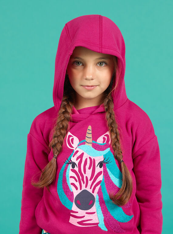Felpa stile t-shirt con cappuccio rosa motivo unicorno bambina MATUSWEA / 21W901K1SWED312