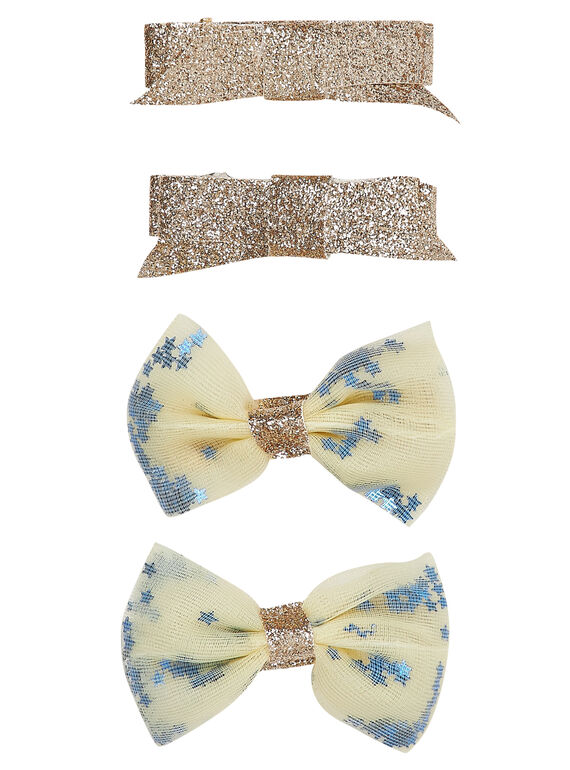Set 4 fermagli - 2 di glitter dorati + 2 con fiocchi in tulle + paillettes blu all’interno del tulle. JYASOCLIC1 / 20SI0182BRT955