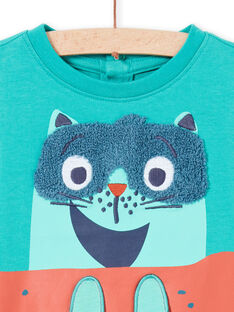 T-shirt maniche lunghe turchese con motivo gatto su uno skate bambino MUTUTEE1 / 21WG10K2TMLC217