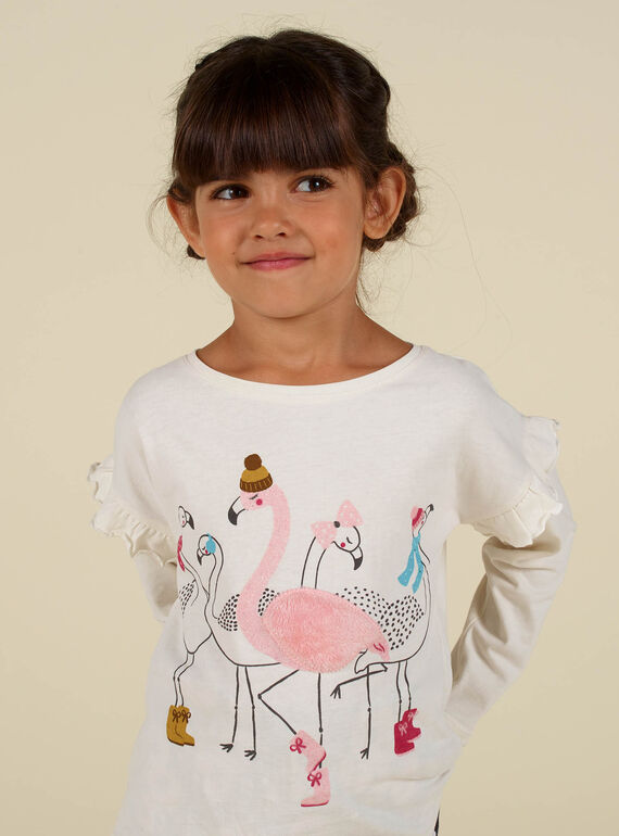 T-shirt ecrù con maniche motivi fenicotteri rosa bambina MAHITEE1 / 21W901U2TML003