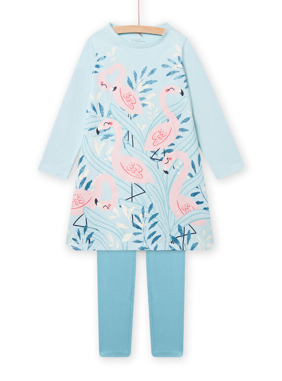 Camicia da notte verde acqua stampa fenicotteri rosa e leggings bambina NEFACHUFLA / 22SH11G1CHN213