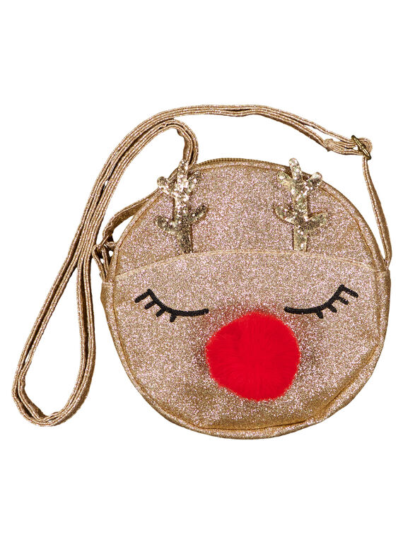 Borsa rotonda di glitter dorata con pompon. GYANOBAG / 19WI01V1BESK008