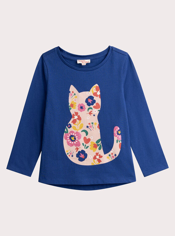 T-shiRt blu animazione gatto fiorito glitterato per ragazza  VAROTEE3 / 24W901P1TMLC207