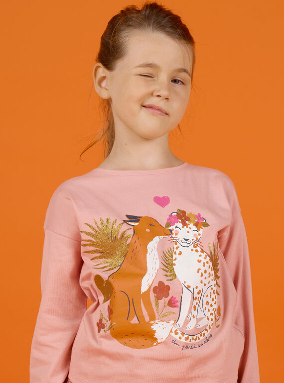 T-shirt a maniche lunghe rosa con motivi volpe e leopardo bambina MASAUTEE3 / 21W901P3TML303